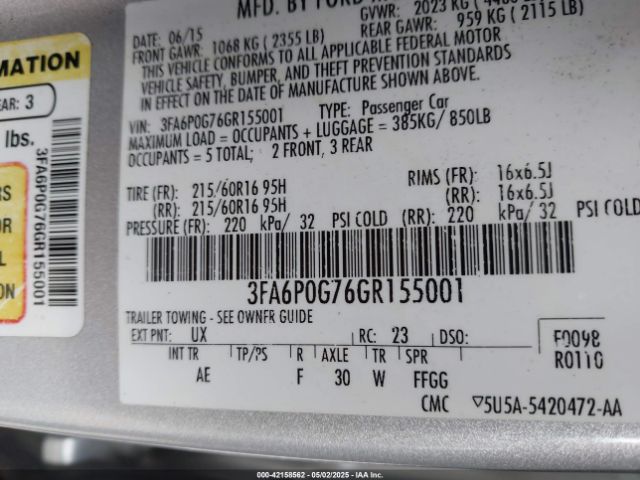 3FA6P0G76GR155001 Ford FUSION S