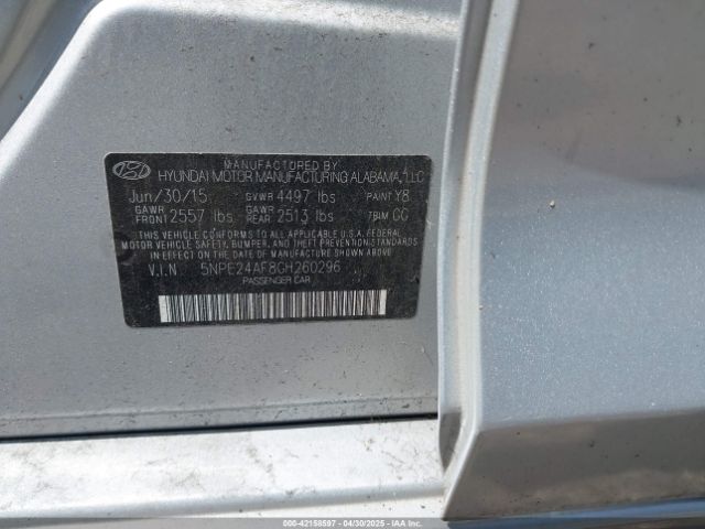 5NPE24AF8GH260296 Hyundai SONATA SE