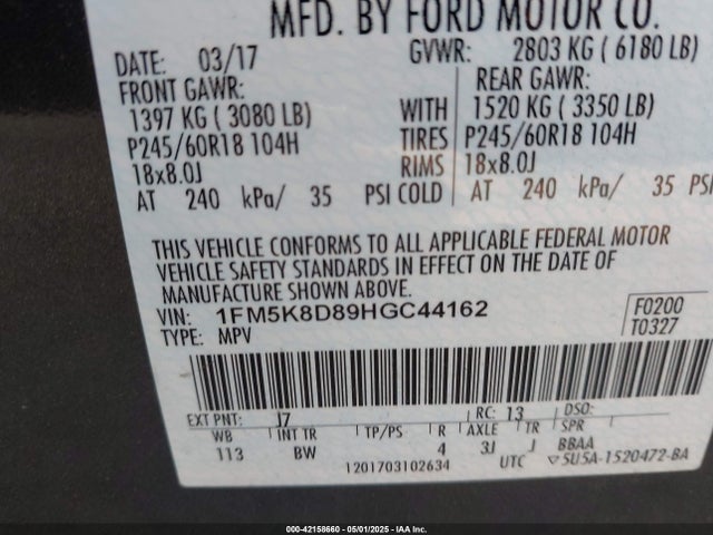 1FM5K8D89HGC44162 Ford EXPLORER XLT