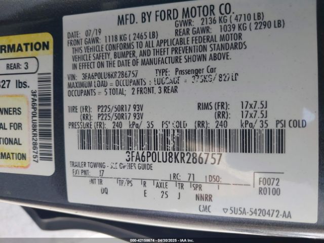 3FA6P0LU8KR286757 Ford Fusion Hybrid Se