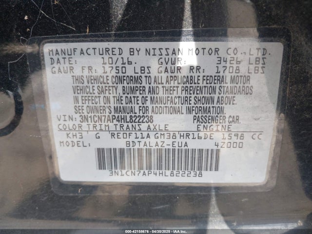 3N1CN7AP4HL822238 Nissan Versa 1.6 S+
