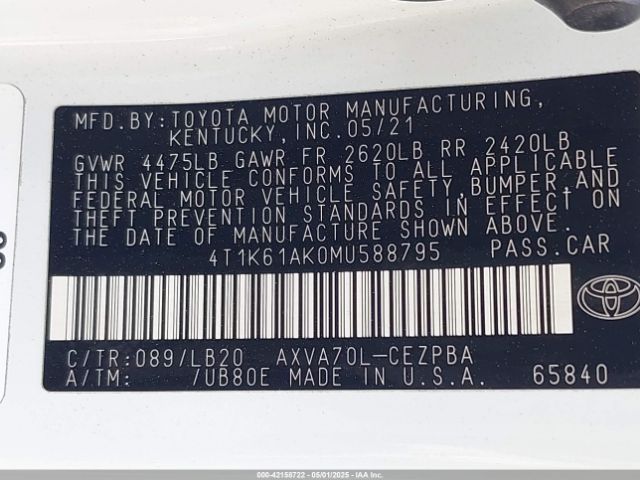 4T1K61AK0MU588795 Toyota CAMRY XSE