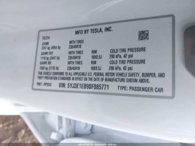 5YJ3E1EB9SF885771 Tesla Model 3 Long Range All-wheel Drive