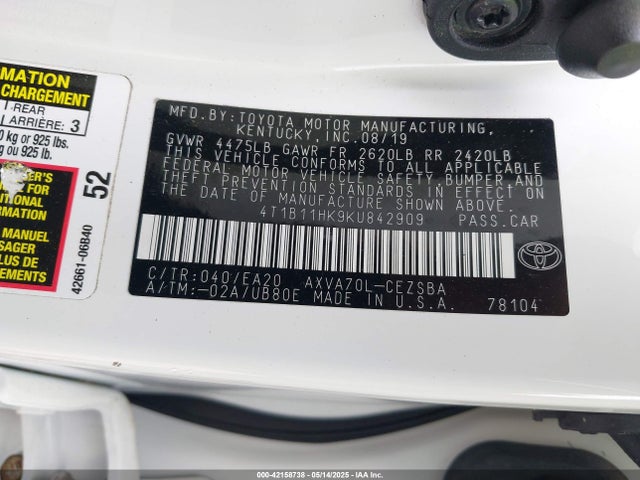 4T1B11HK9KU842909 Toyota CAMRY SE