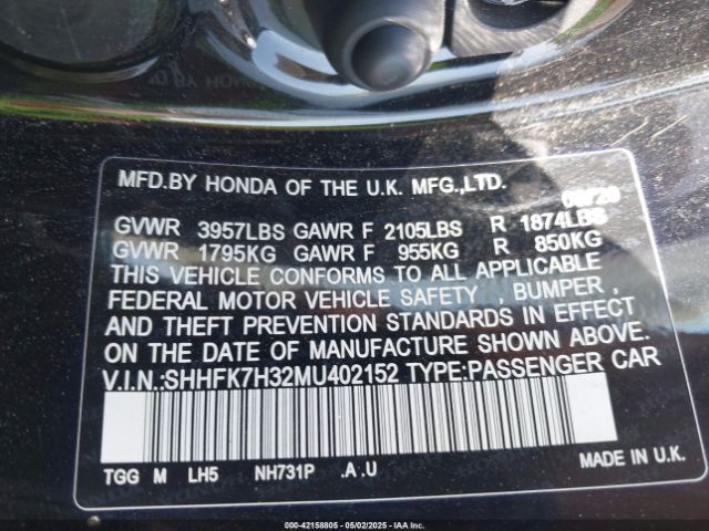 SHHFK7H32MU402152 Honda Civic Lx