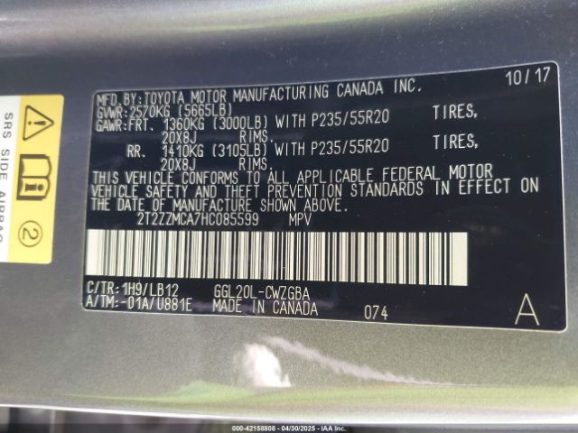 2T2ZZMCA7HC085599 Lexus RX