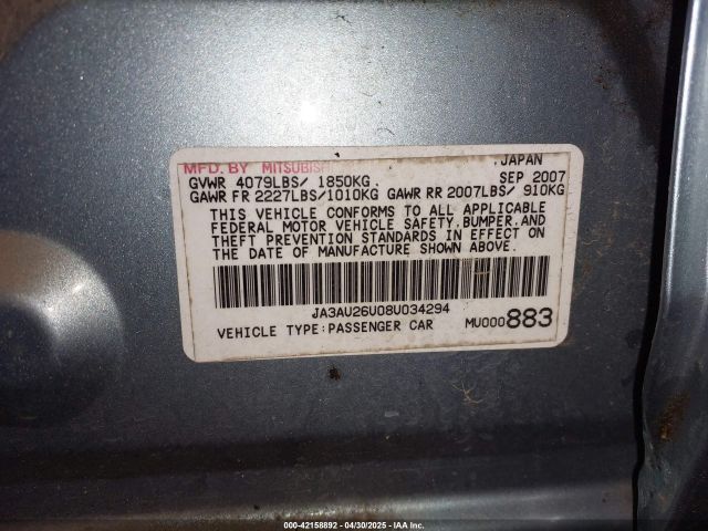 2008 MITSUBISHI LANCER JA3AU26U08U034294 Photo 8