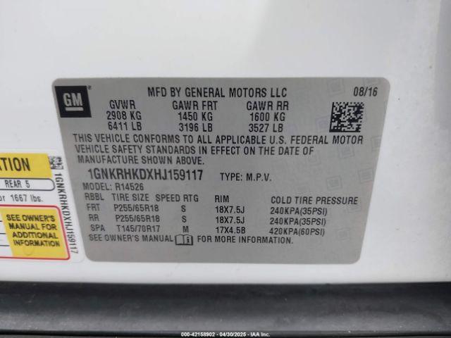 1GNKRHKDXHJ159117 Chevrolet Traverse 2lt