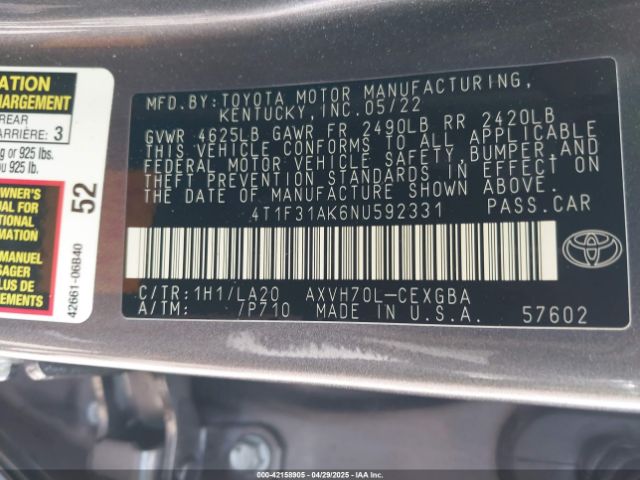 4T1F31AK6NU592331 Toyota Camry Xle Hybrid