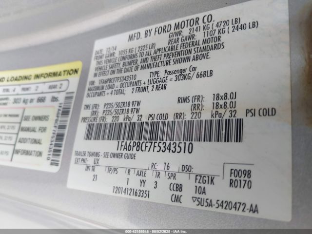 1FA6P8CF7F5343510 Ford MUSTANG GT