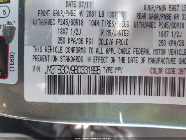 2011 Mazda Cx-9 Touring მანქანა იყიდება აუქციონზე, vin: JM3TB3CV9B0331895, აუქციონის ნომერი: 42158954
