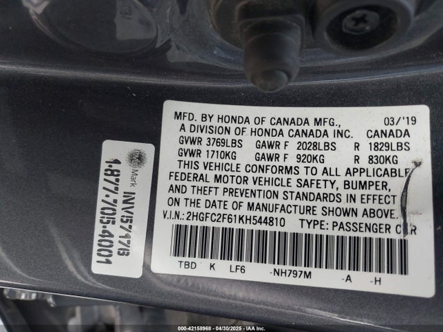 Honda Civic Lx 2019 2HGFC2F61KH544810 Image 9