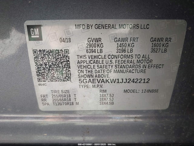 5GAEVAKW1JJ242212 Buick lfy - spark ignited direct injection, atss, gen1