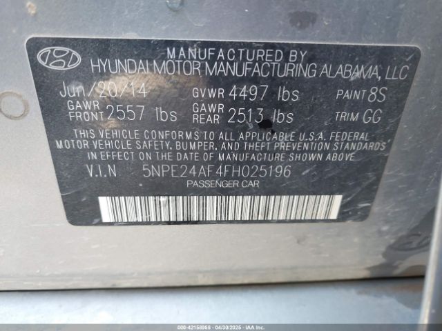 5NPE24AF4FH025196 Hyundai SONATA SE