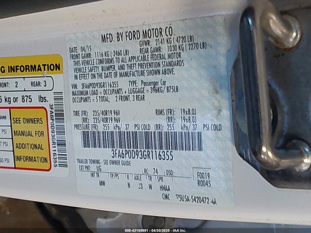 Ford Fusion 2016 3FA6P0D93GR116355 Image 9