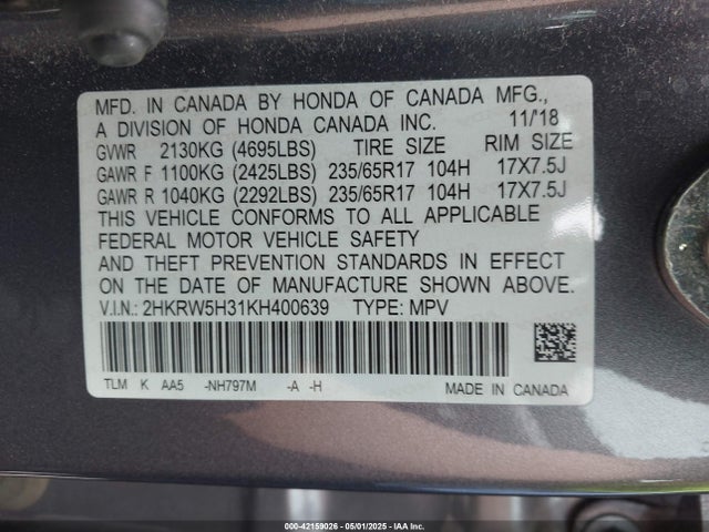 2HKRW5H31KH400639 Honda CR-V LX