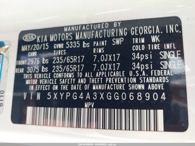 5XYPG4A3XGG068904 KIA Sorento 2.4l Lx