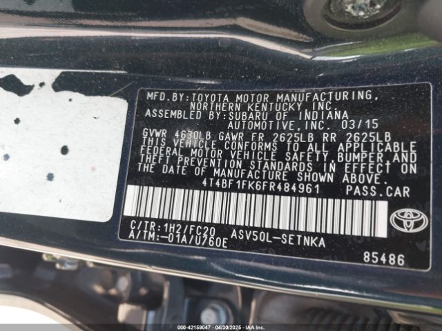 4T4BF1FK6FR484961 Toyota CAMRY LE