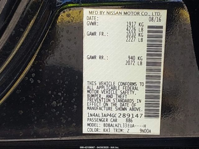 1N4AL3AP4GC289147 Nissan Altima 2.5 Sr