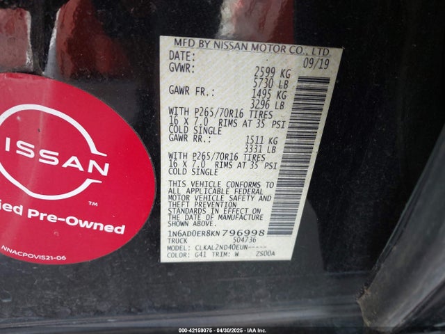 1N6AD0ER8KN796998 Nissan Frontier Sv