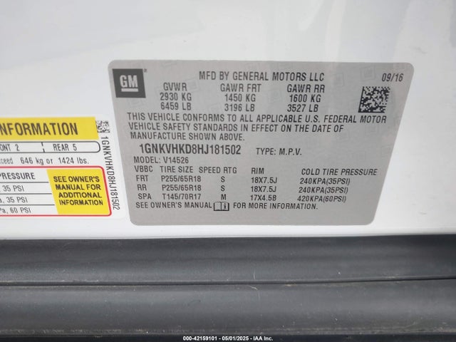1GNKVHKD8HJ181502 Chevrolet Traverse 2lt