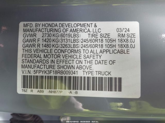 5FPYK3F18RB009341 Honda Ridgeline Sport
