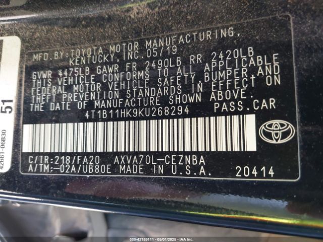 4T1B11HK9KU268294 Toyota CAMRY LE