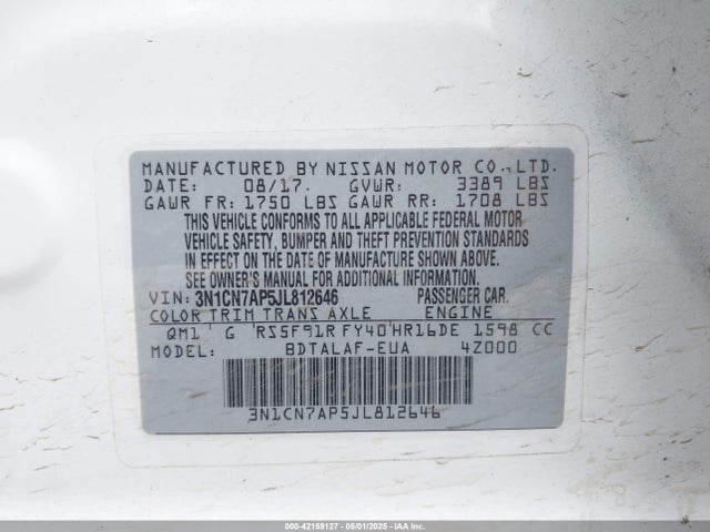 3N1CN7AP5JL812646 Nissan Versa 1.6 S