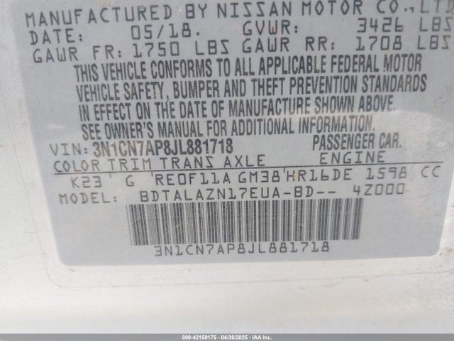 3N1CN7AP8JL881718 Nissan Versa 1.6 S+
