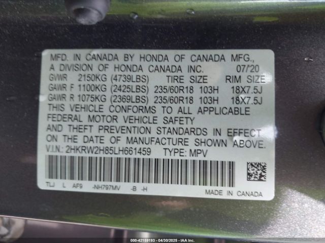 2HKRW2H85LH661459 Honda Cr-v Awd Ex-l