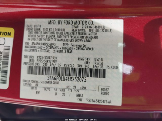 3FA6P0LU4ER252075 Ford Fusion Hybrid Se