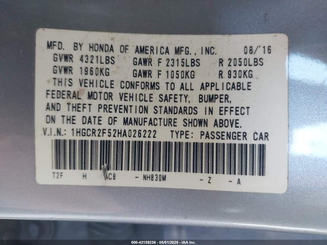 1HGCR2F52HA026222 Honda Accord Sport