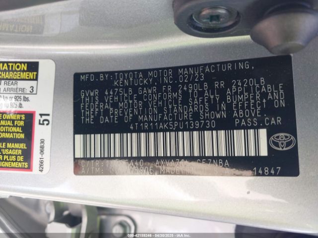 4T1R11AK5PU139730 Toyota CAMRY LE