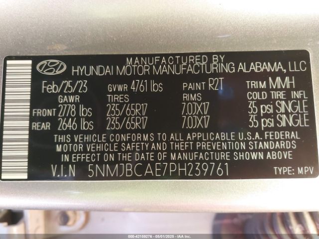5NMJBCAE7PH239761 Hyundai TUCSON SEL