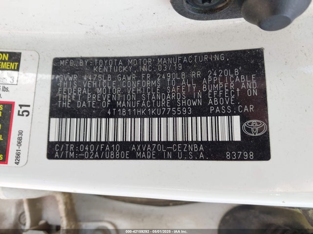 4T1B11HK1KU775593 Toyota CAMRY LE
