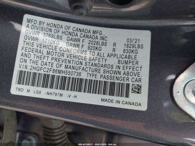 2021 HONDA CIVIC 2HGFC2F86MH550736 Photo 8