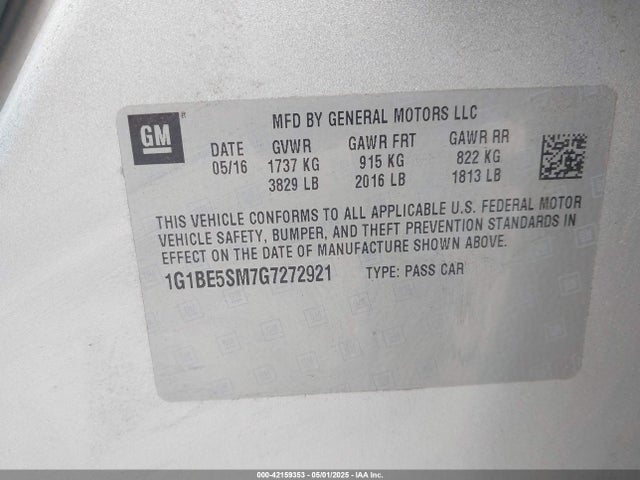 1G1BE5SM7G7272921 Chevrolet Cruze Lt Auto