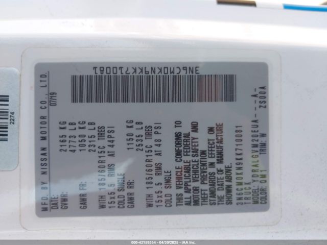 3N6CM0KN9KK710081 Nissan NV200 SV