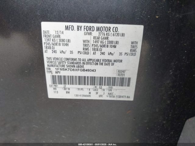1FM5K7D8XFGB49343 Ford EXPLORER XLT