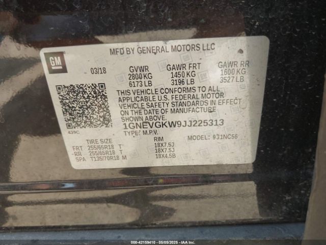 1GNEVGKW9JJ225313 Chevrolet Traverse 1lt