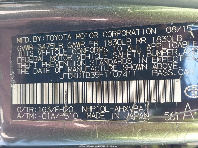 JTDKDTB35F1107411 Toyota Prius C One