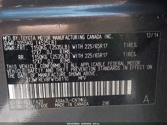 2T3WFREV8FW158110 Toyota Rav4 Xle