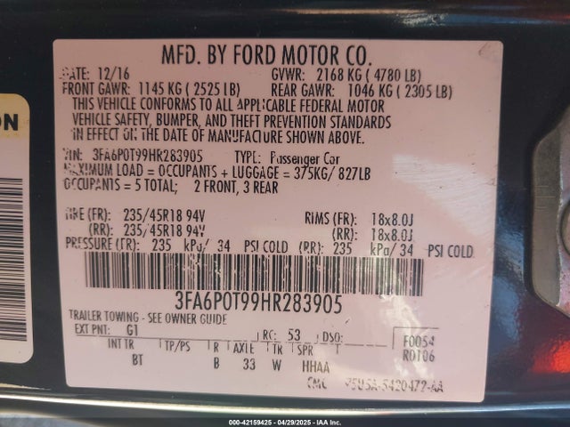 3FA6P0T99HR283905 Ford FUSION SE