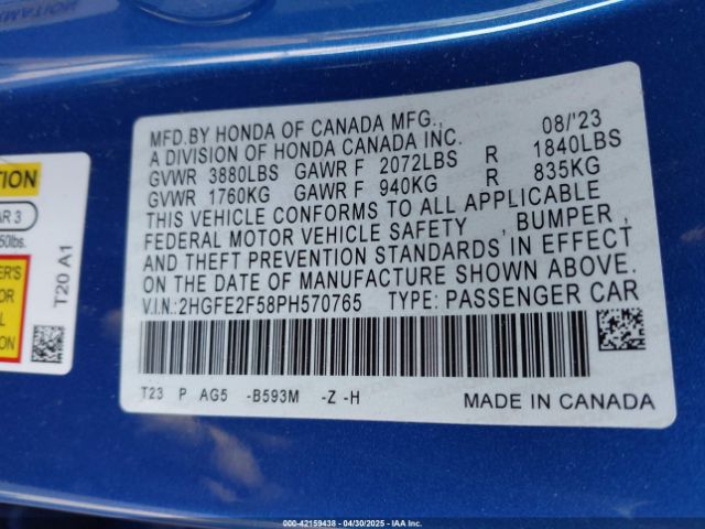 2023 HONDA CIVIC 2HGFE2F58PH570765 Photo 8