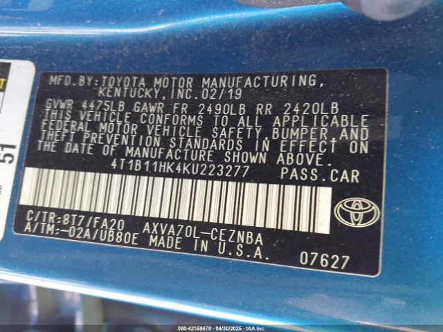 4T1B11HK4KU223277 Toyota CAMRY LE