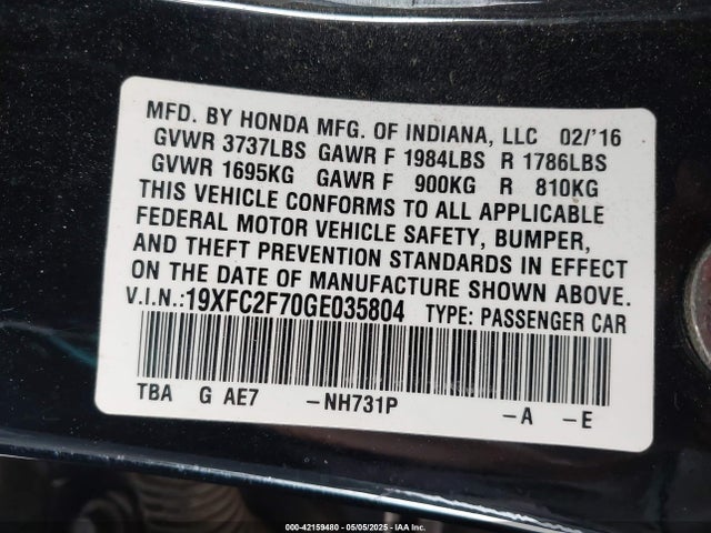 Honda k20c2 2016 19XFC2F70GE035804 Image 9