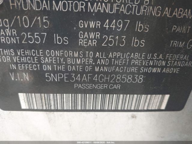 5NPE34AF4GH285838 Hyundai Sonata Sport