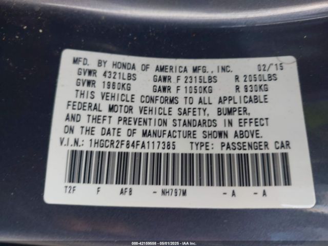 1HGCR2F84FA117385 Honda Accord Ex-l