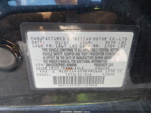 3N1CE2CP0FL409858 Nissan Versa Note S (sr)/s Plus/sl/sr/sv