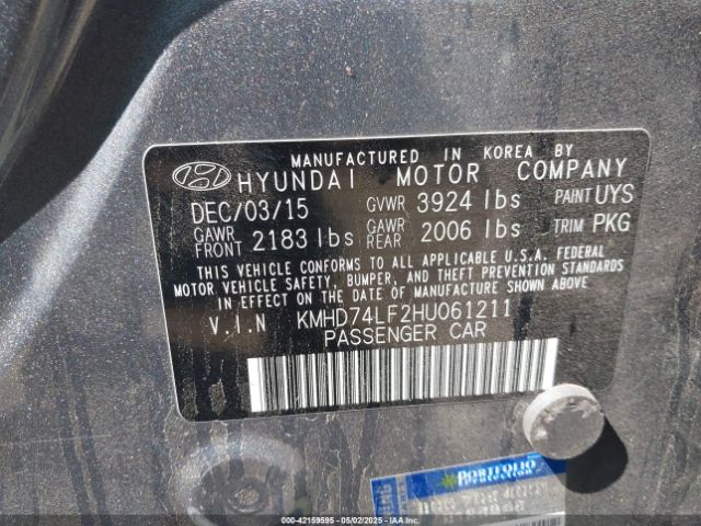 KMHD74LF2HU061211 Hyundai ELANTRA SE